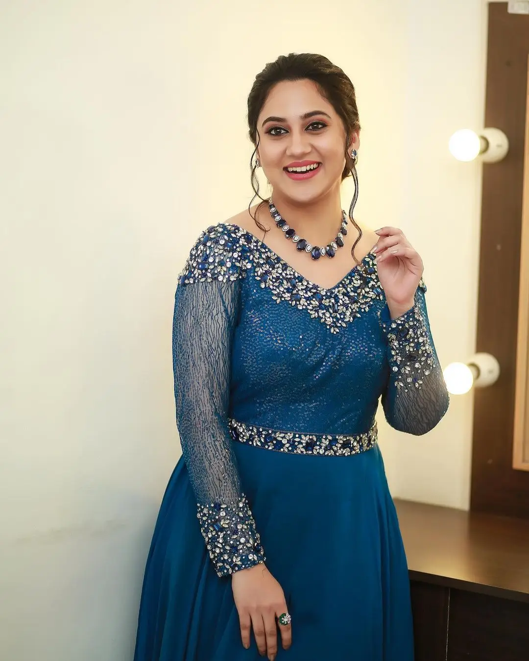 Miya George Wearing Beautiful Earring Jewellery Blue Dress